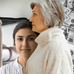 photo illustration showing two people of different generation with background symbolizing student debt
