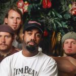 Studio portrait of Hootie & the Blowfish members Darius Rucker, Mark Bryan, Dean Felber, and Jim Sonefeld in Brussels in 1996.