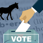 Illustration of a hand casting a ballot with the Democratic symbol in the background.