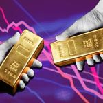 Photo illustration of black and white hands holding gold bars with purple background. 
