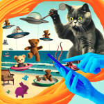 A photo illustration of two hands on a smartphone creating a silly mix of cats and UFOs on a beach.