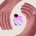 Illustration of young Black person crouched in vulnerable position, surrounded by painting of large hands symbolizing protection.