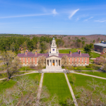 Phillips Academy aerial view in spring including Samuel Phillips Hall at 180 Main Street in historic town center of Andover, Massachusetts MA, USA.