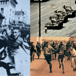 A split screen with three photos, including protestors marching with signs that say we condone sit-ins, a woman running in a marathon while men try to stop her, and a person standing in front of military tanks. 