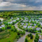 Aerial view roofs of river townhouses in East Brunswick, New Jersey. 