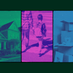A triptych graphic illustration shows a house on the left, a child with a backpack walking with an adult in the center, and stacked moving boxes with a teddy bear on the right.
