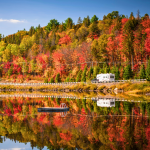 RV on road with fall foliage in the background.