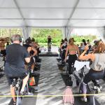 People attend an outdoor SoulCycle class at the Hudson Yards in New York City.