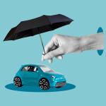 Car safety and insurance concept where an umbrella covers a car figure.