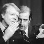 Then-Senator Joe Biden points at the crowd to President Jimmy Carter during a fundraiser in 1978.
