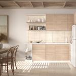 A cosy modern kitchen with bamboo ceiling and beige wooden cabinetry.