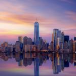 The Manhattan skyline over Hudson River in New York City.