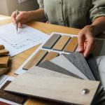 Interior designer looking at furniture materials and design options.