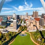 Aerial panorama of St. Louis, Missouri skyline on a sunny day.
