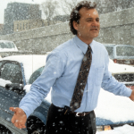 Bill Murray runs through the snow in a scene from the film 'Groundhog Day', 1993. 