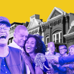 A digital illustration of row houses in the background with happy boomers in the foreground.