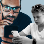 A photo illustration of a middle-aged man and a teen boy reading texts.