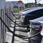 Drivers charge their Teslas in Fountain Valley, California.