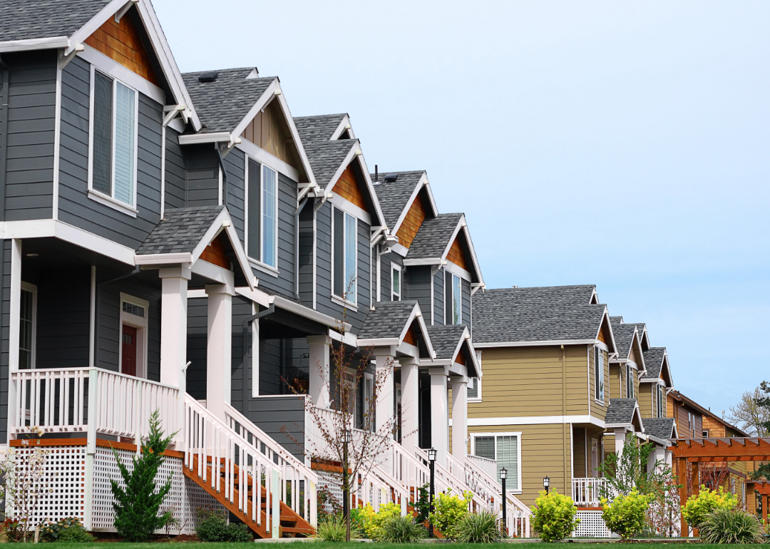 A row of newly built townhouses in a residential area