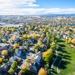 An aerial view of a neighborhood of homes.