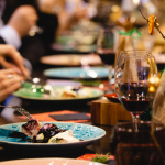 Diners eating in an elegant restaurant.