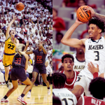 A split screen showing Caitlin Clark playing for Iowa and Yaxel Lendeborg playing for the UAB BLazers.