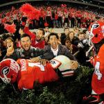 Chuks Amaechi #41 of the Georgia Bulldogs celebrates with fans after the game against the Missouri Tigers on October 17, 2015 in Atlanta, Georgia.