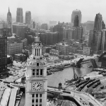 Chicago River dividing the city of Chicago, Illinois.