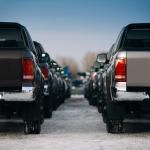 A row of parked trucks.