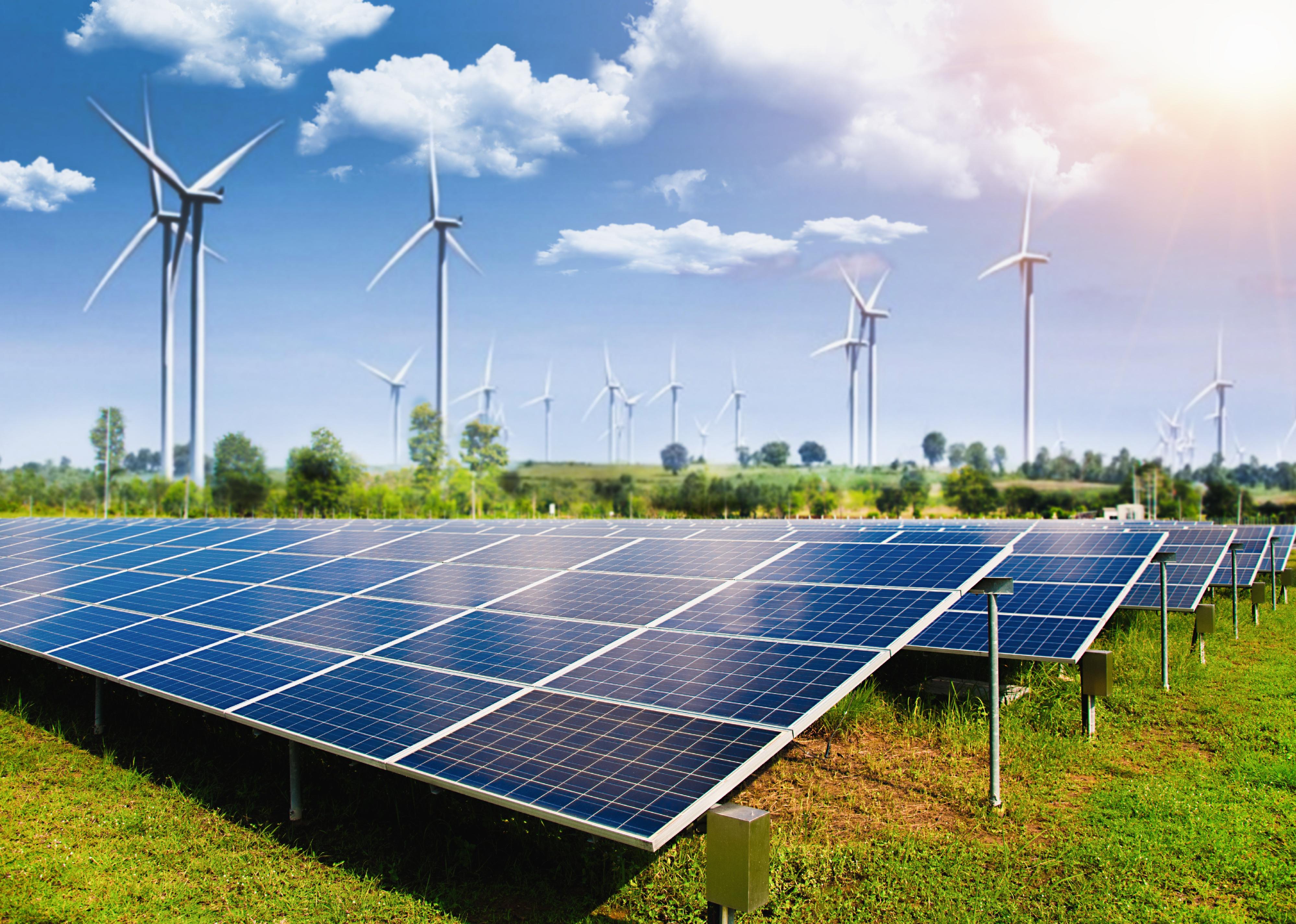 Solar panels with wind turbines in background