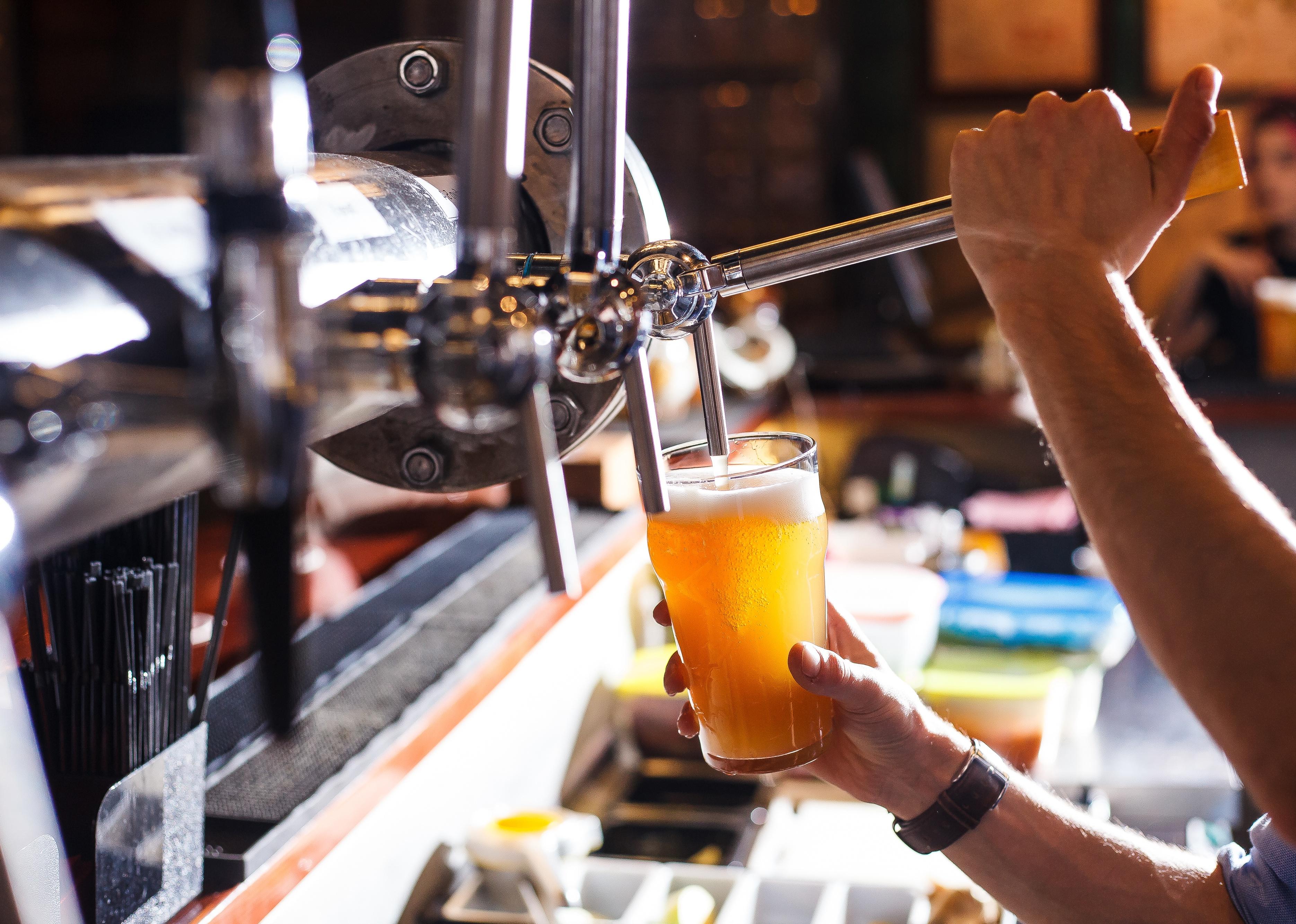 Bartender pours beer into a glass from the tap