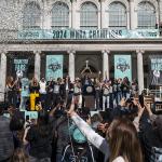 Members of the New York Liberty team celebrate their championship at a ticker tape parade.