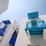 Daytime view of the exterior of Santorini, Greece-style buildings.