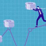 Custom illustration of a businessman carrying a stack of coins walking on a path towards more coins.