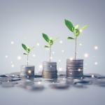 Concept of financial freedom illustrated by stack of coins with growing plants.