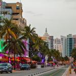 A sunset view of Ocean Drive in South Beach in Miami, Florida.