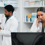 Two pharmacy employees work behind the counter in a pharmacy, one on the phone and looking at a computer and the other writes on a clipboard.