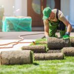 A lawn care professional installing new grass at a home.