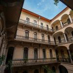 View of the balconies of a residential building in Budapest, Hungary.
