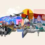 Collage graphic featuring famous landmarks of some of the top US cities and depict a youthful lifestyle and population.