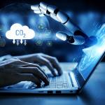 An illustration depicting someone working on computer and using energy resources with AI, with icons symbolizing carbon footprint superimposed. 