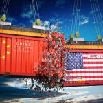 A 3d illustration of clashing cargo containers branded with flags of China and USA.