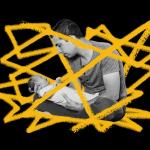 A custom graphic of a father holding his newborn baby illustrated with tangled lines.