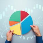 A person completing a pie chart with candlestick, investment charts graphics.