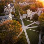 An aerial view of sunrise over Princeton University.