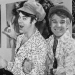 Comedians Dan Aykroyd and Steve Martin posing as the 'two wild and crazy guys,' a sketch from the television show 'Saturday Night Live' in 1978.