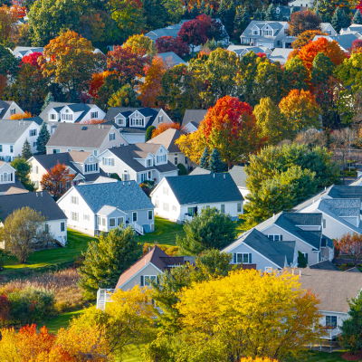 Aerial view of a peaceful Midwest town in Autumn.