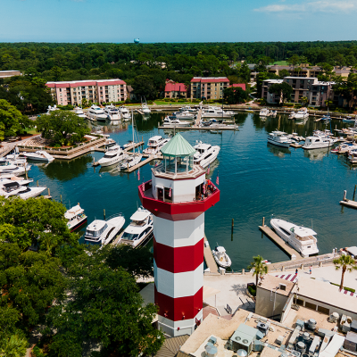 Aerial view Harbor Town Hilton Head Island and lighthouse.