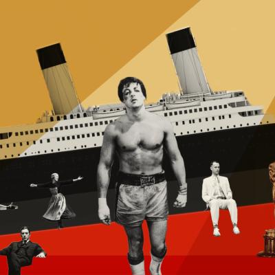 Photo illustration with a selection of lead actors from Best Picture winners and an Oscar statuette.