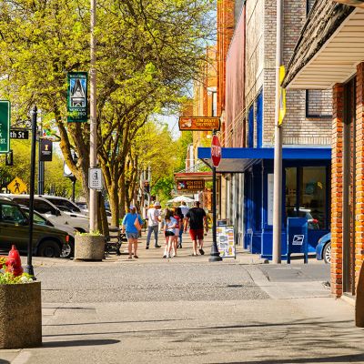 Shops, galleries, and cafes line Main Street in the historic downtown district of Moscow, Idaho.